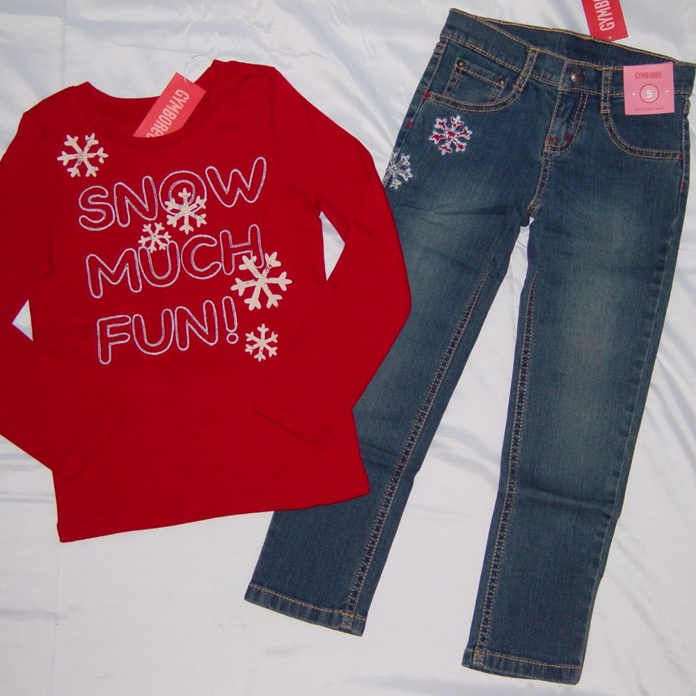 NWT Gymboree 5 red Snow Much Fun top blue jeans set outfit